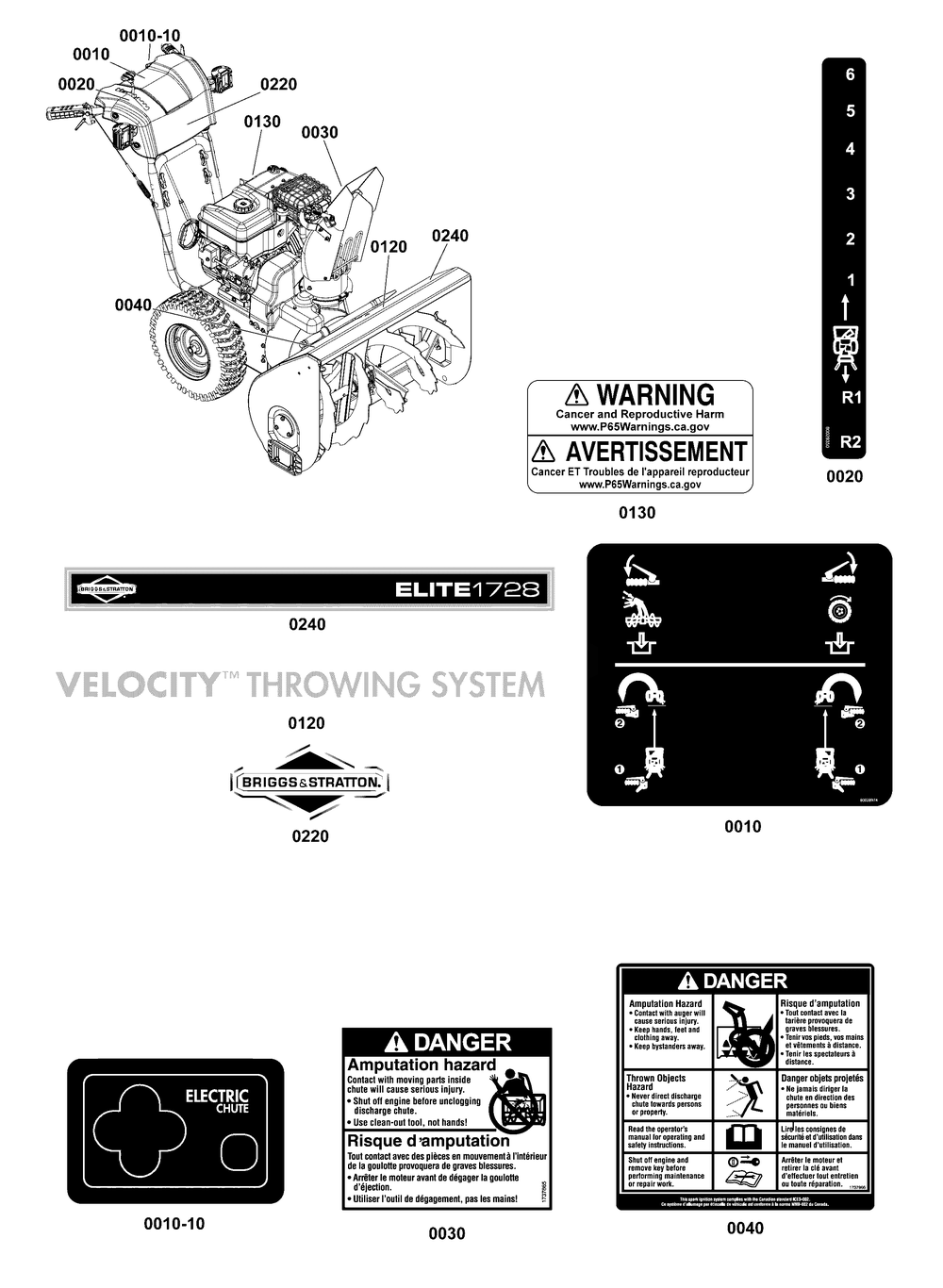 Decals Group Diagram and Parts List for 1696951-00-H1728E  Briggs and Stratton Snow Blower